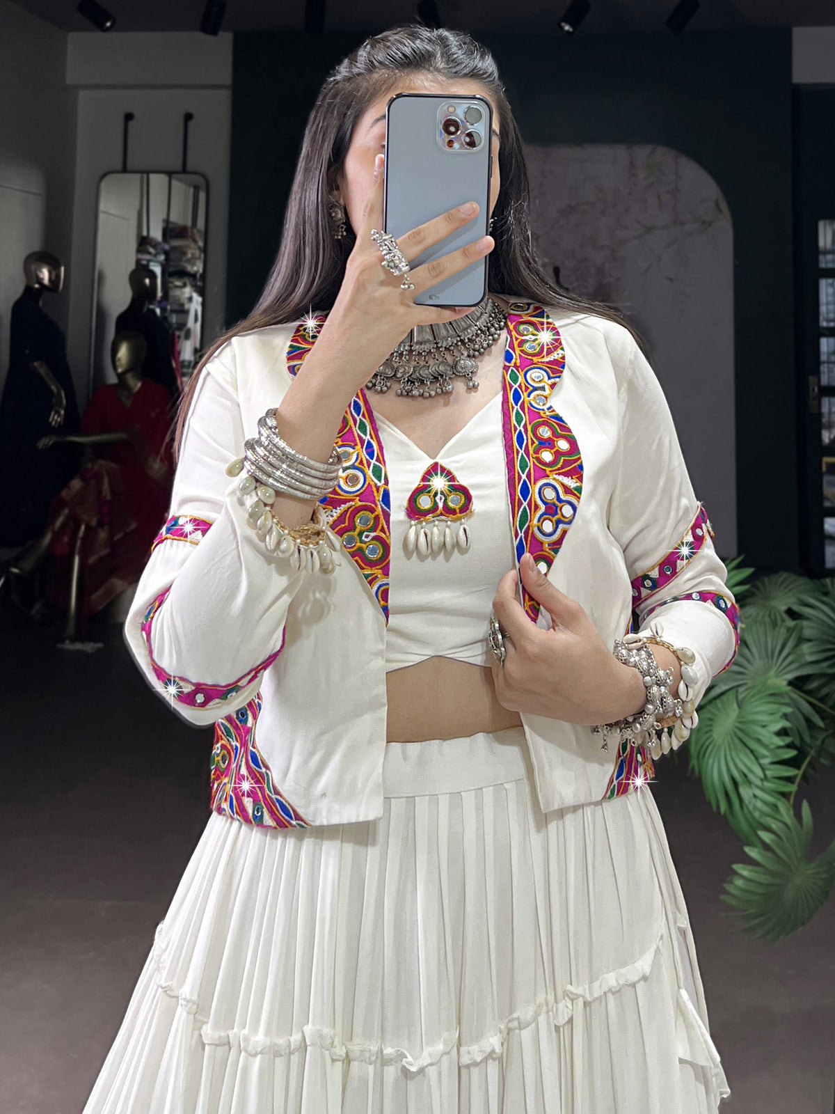 Amazeballs White Mirror Work Navratri Wear Lehenga Choli With Jacket