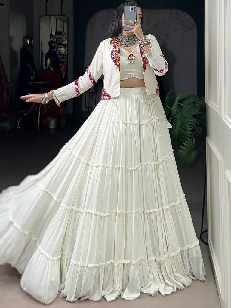 Amazeballs White Mirror Work Navratri Wear Lehenga Choli With Jacket