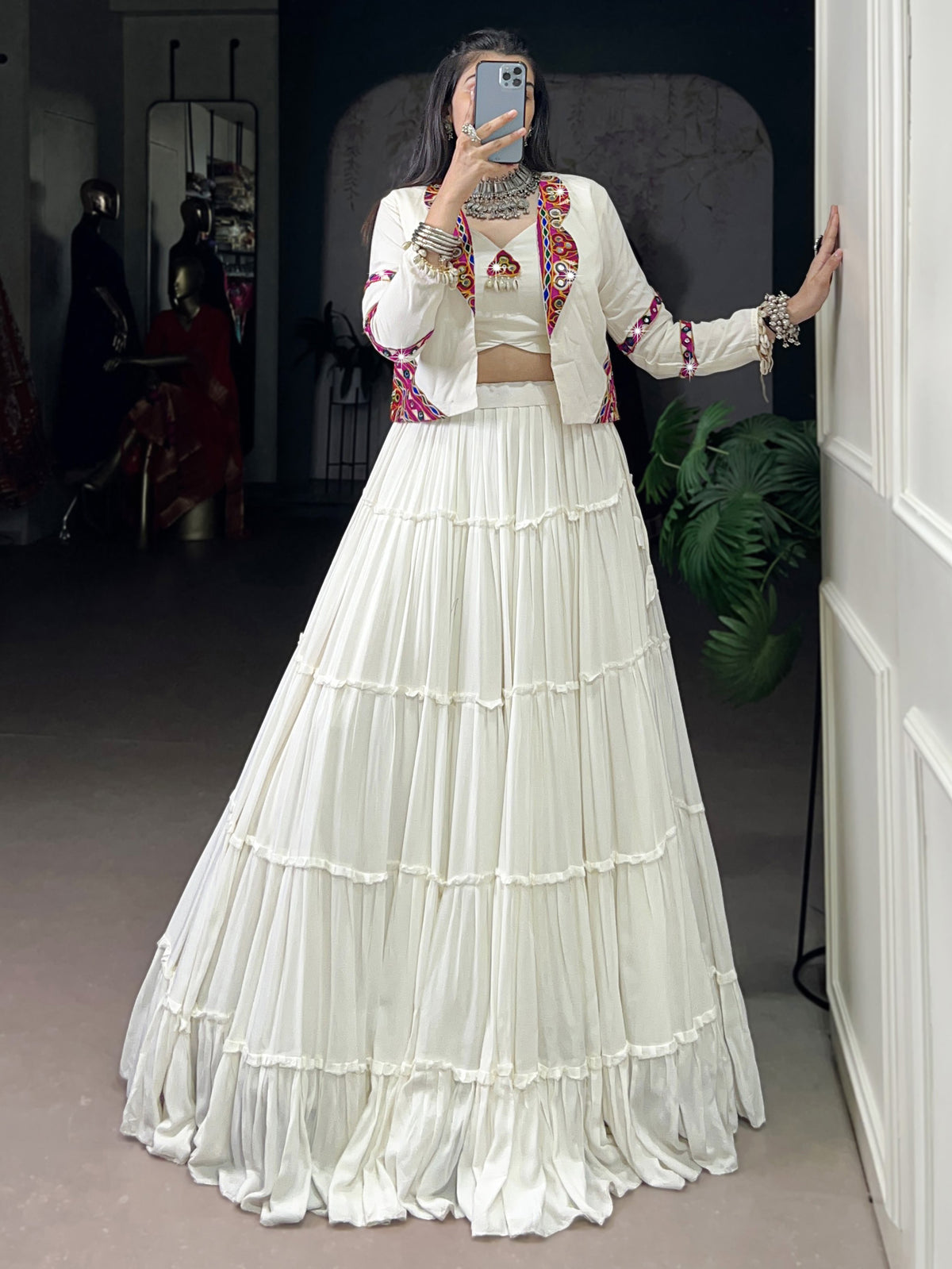 Amazeballs White Mirror Work Navratri Wear Lehenga Choli With Jacket