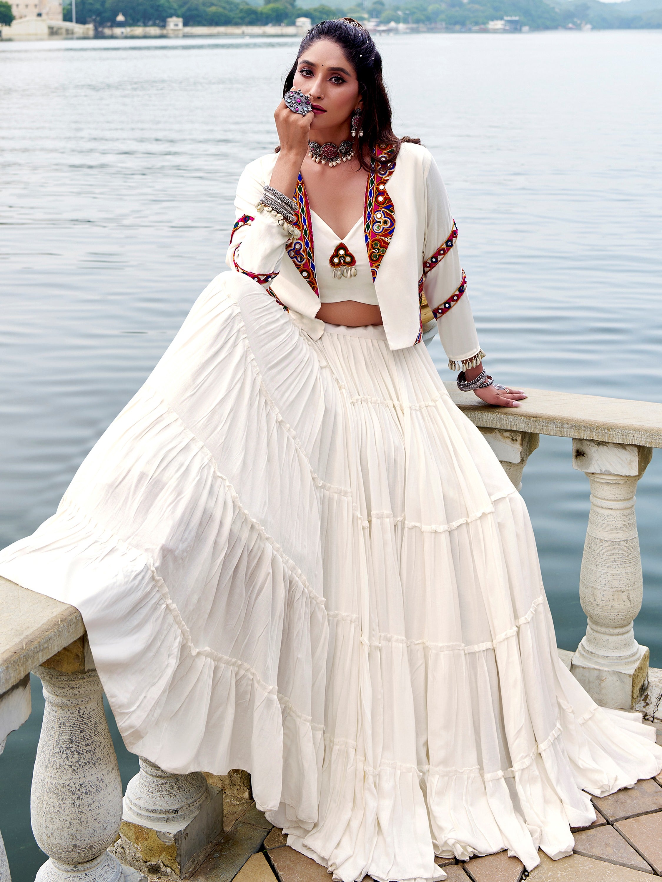 Phenomenal White Gamathi Work Rayon Navratri Wear Lehenga Choli With Jacket