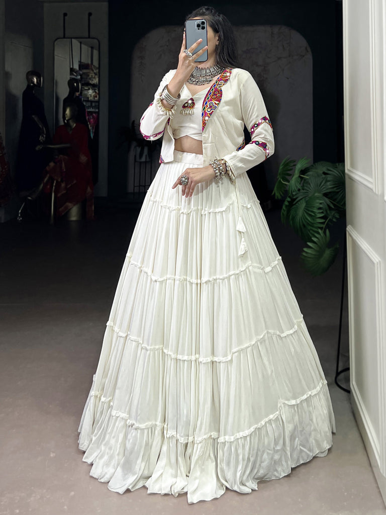 Amazeballs White Mirror Work Navratri Wear Lehenga Choli With Jacket