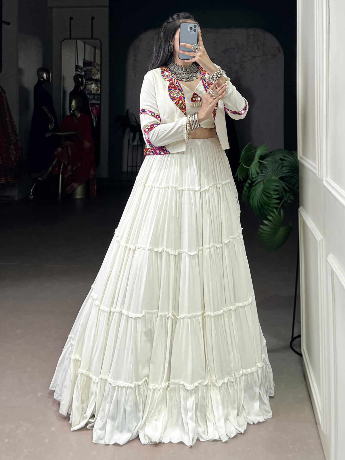 Amazeballs White Mirror Work Navratri Wear Lehenga Choli With Jacket
