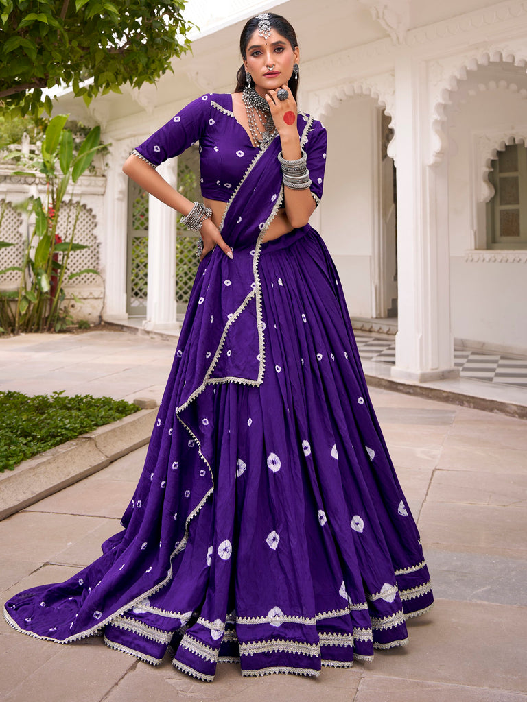Fantastic Purple Bandhej Printed Chanderi Festive Wear Lehenga Choli