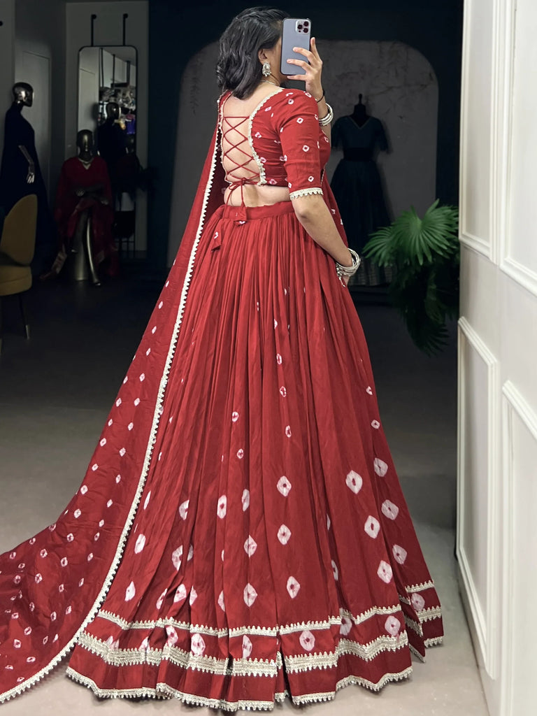 Beautiful Red Bandhej Printed Festive Wear Lehenga Choli With Dupatta