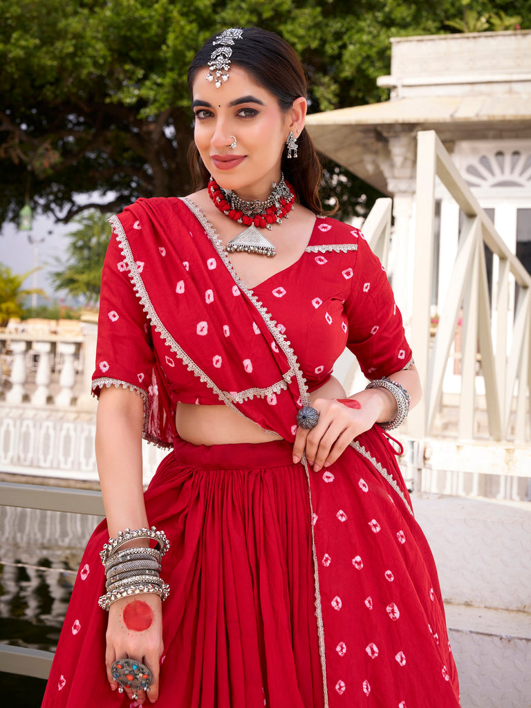 Lovable Red Bandhej Printed Chanderi Wedding Wear Lehenga Choli