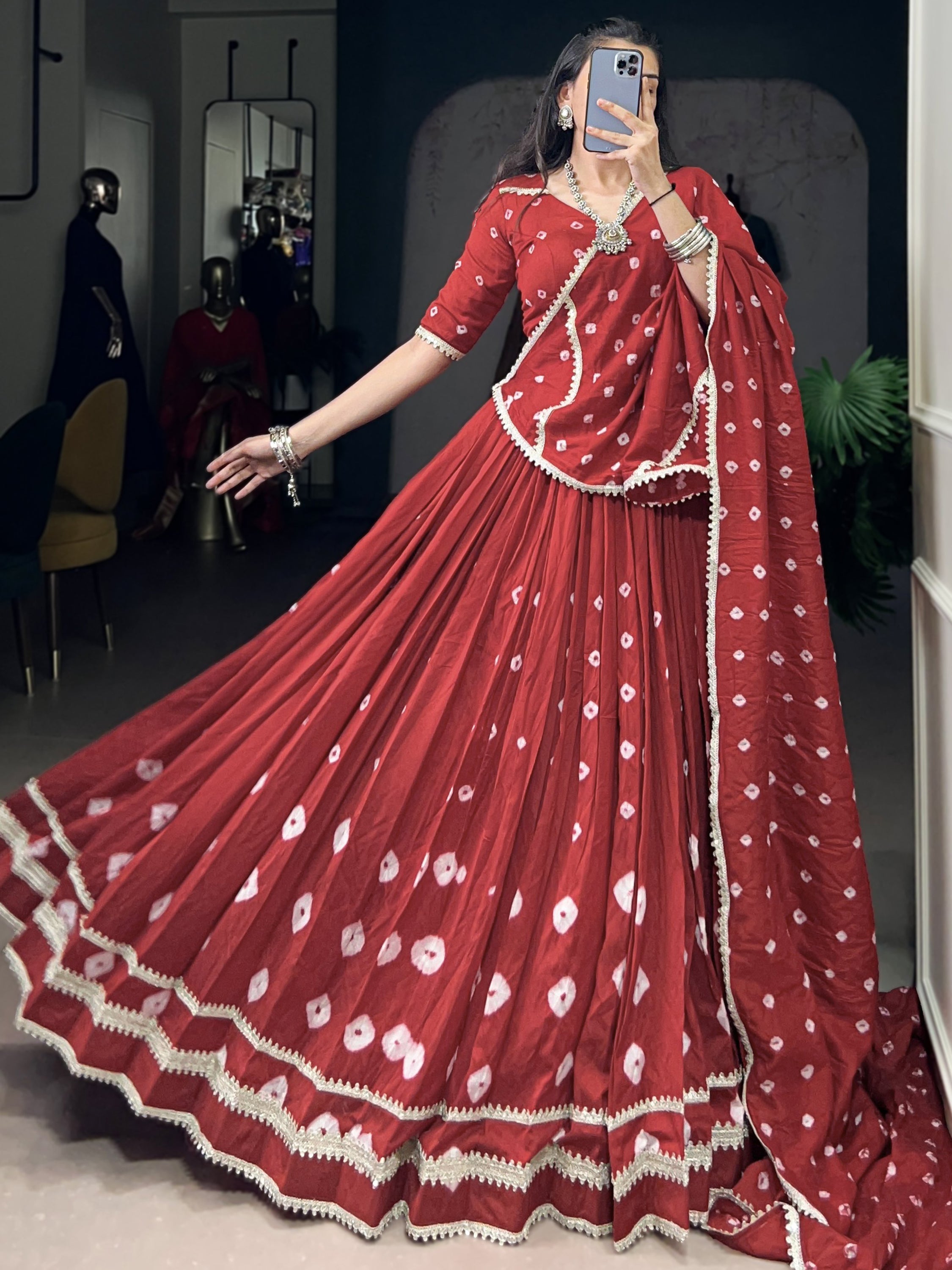 Beautiful Red Bandhej Printed Festive Wear Lehenga Choli With Dupatta