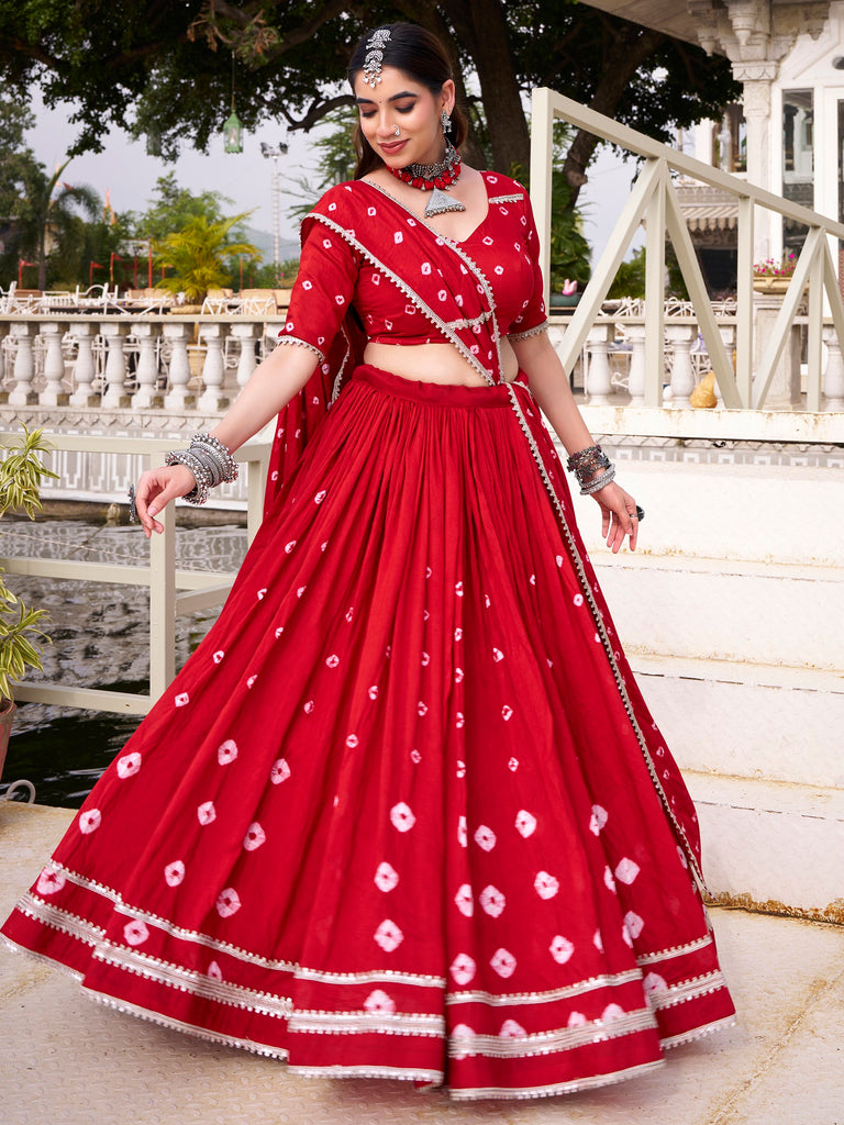 Lovable Red Bandhej Printed Chanderi Wedding Wear Lehenga Choli