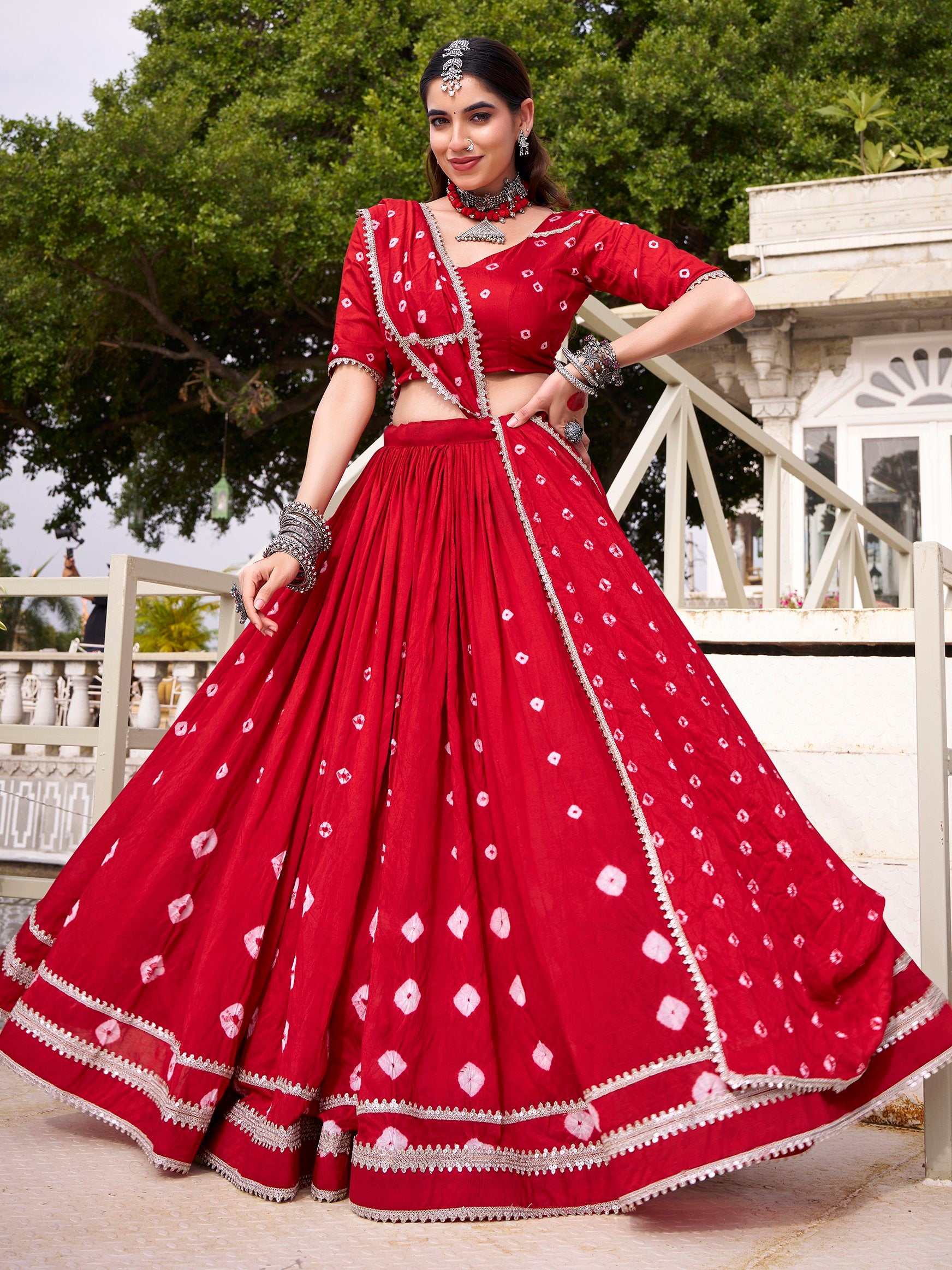 Lovable Red Bandhej Printed Chanderi Wedding Wear Lehenga Choli