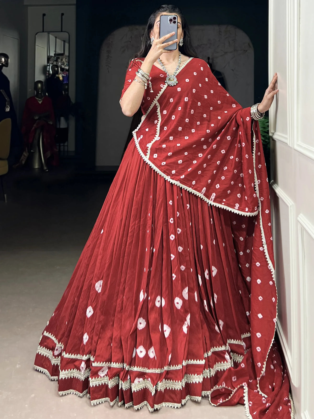 Beautiful Red Bandhej Printed Festive Wear Lehenga Choli With Dupatta