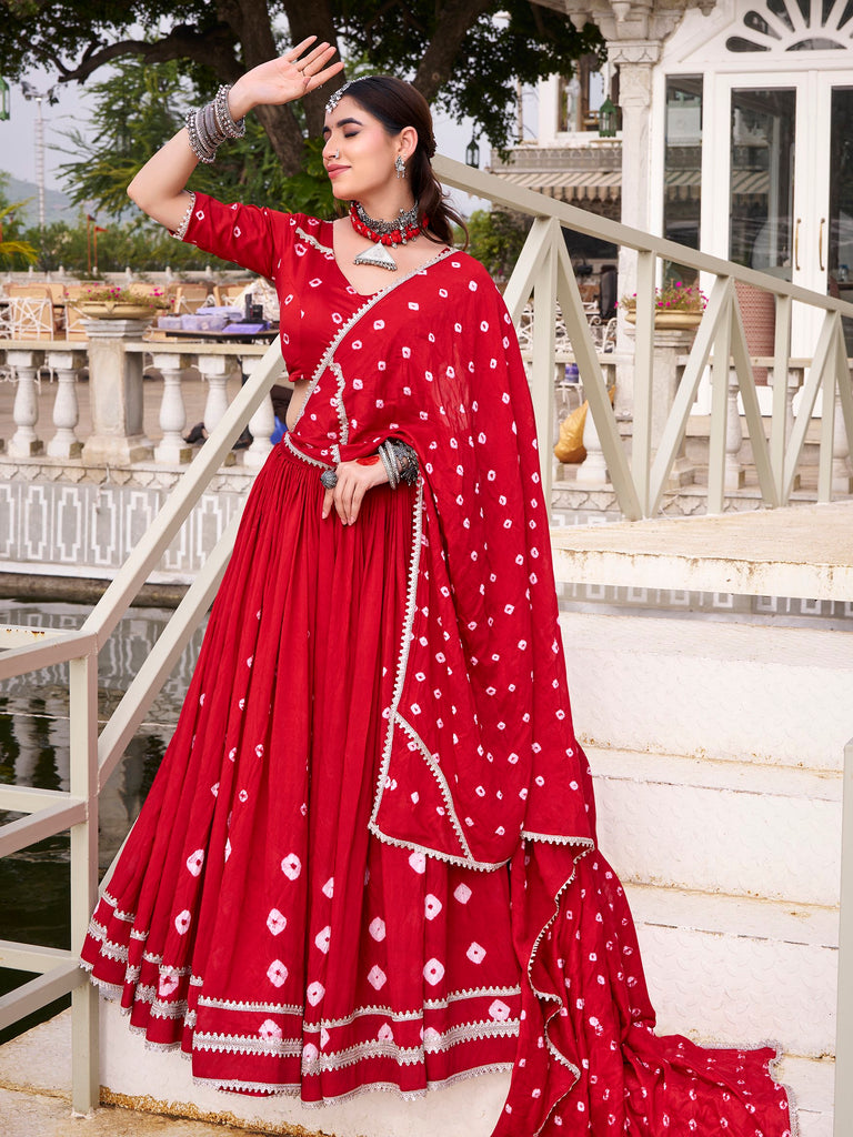 Lovable Red Bandhej Printed Chanderi Wedding Wear Lehenga Choli