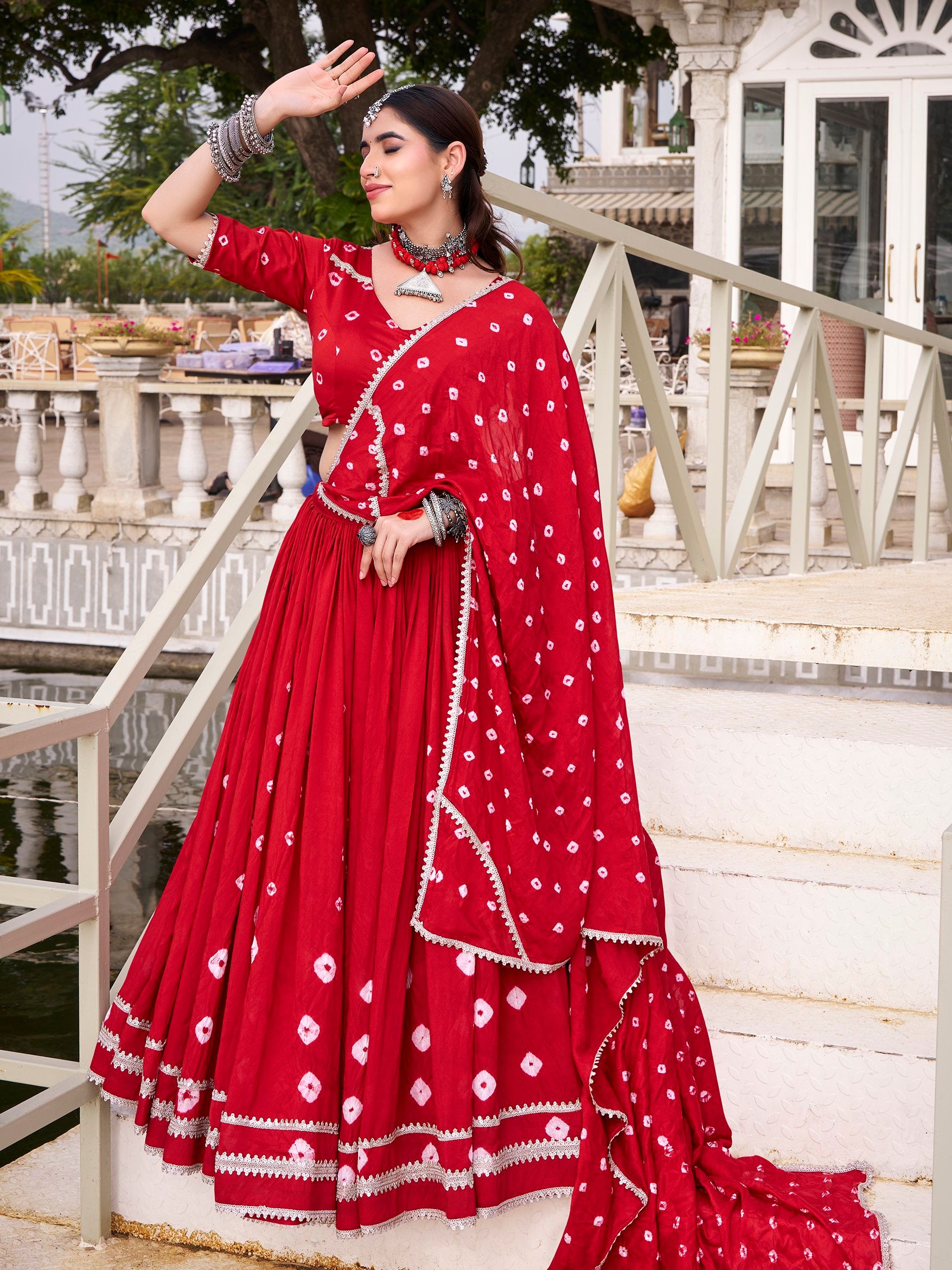 Lovable Red Bandhej Printed Chanderi Wedding Wear Lehenga Choli