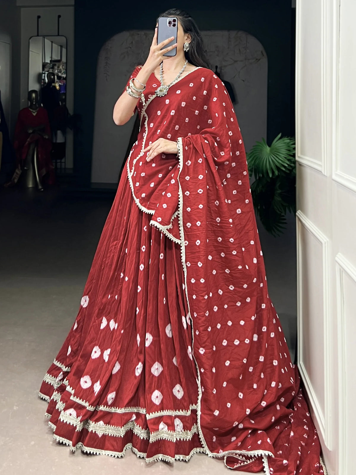 Beautiful Red Bandhej Printed Festive Wear Lehenga Choli With Dupatta