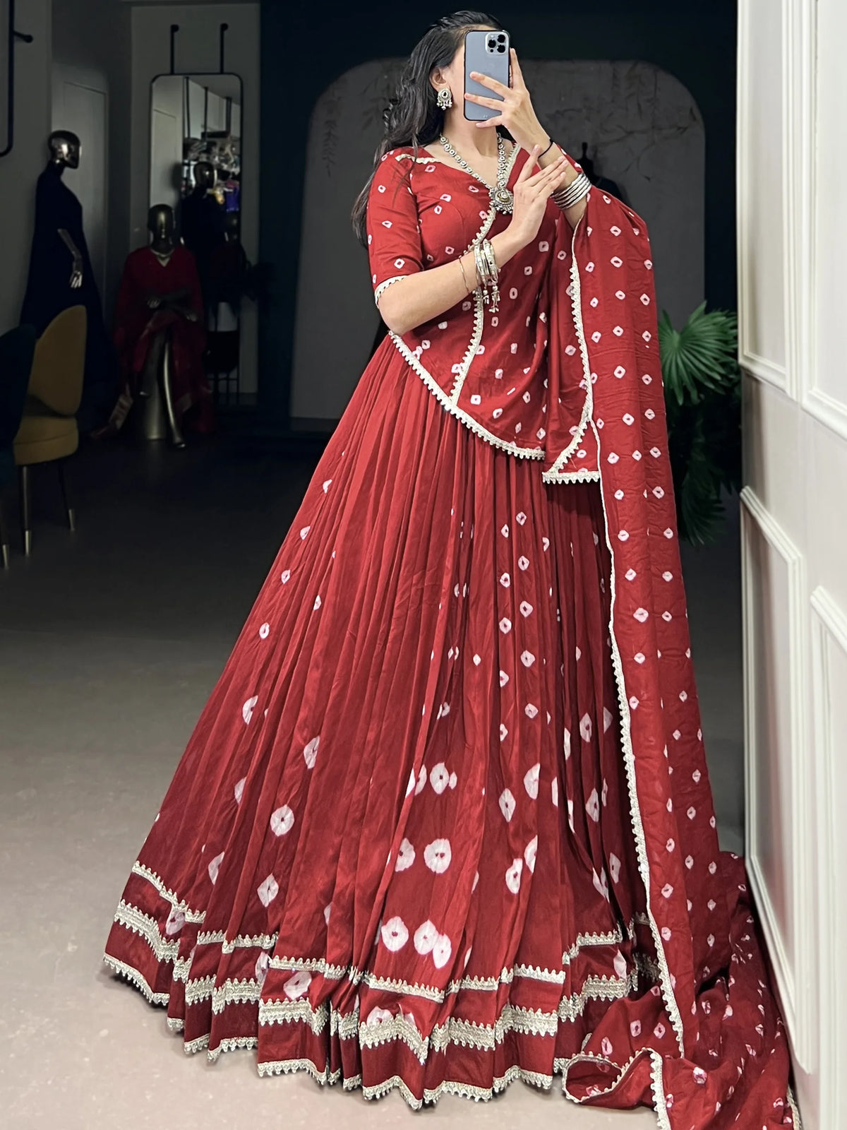 Beautiful Red Bandhej Printed Festive Wear Lehenga Choli With Dupatta