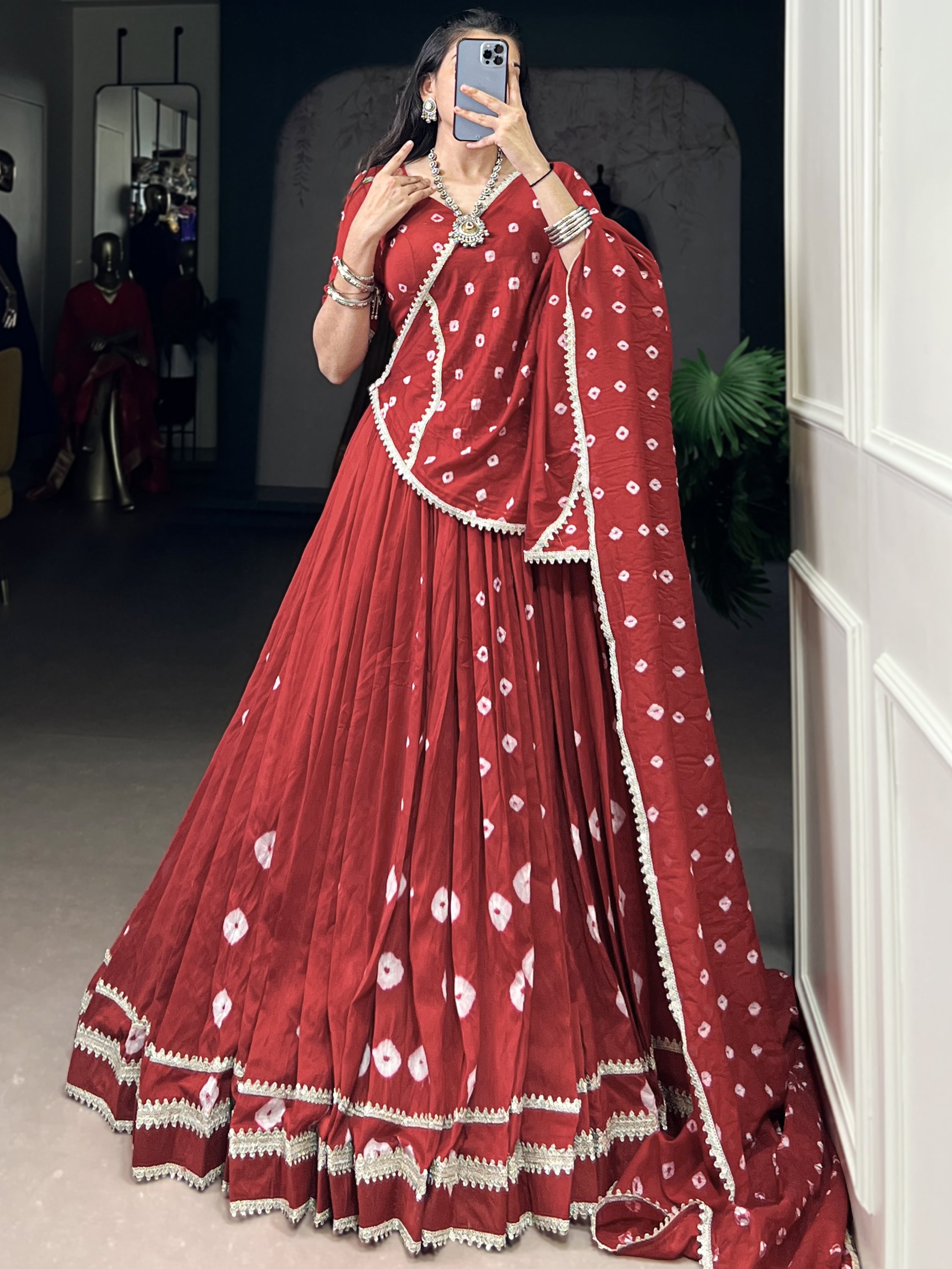 Beautiful Red Bandhej Printed Festive Wear Lehenga Choli With Dupatta