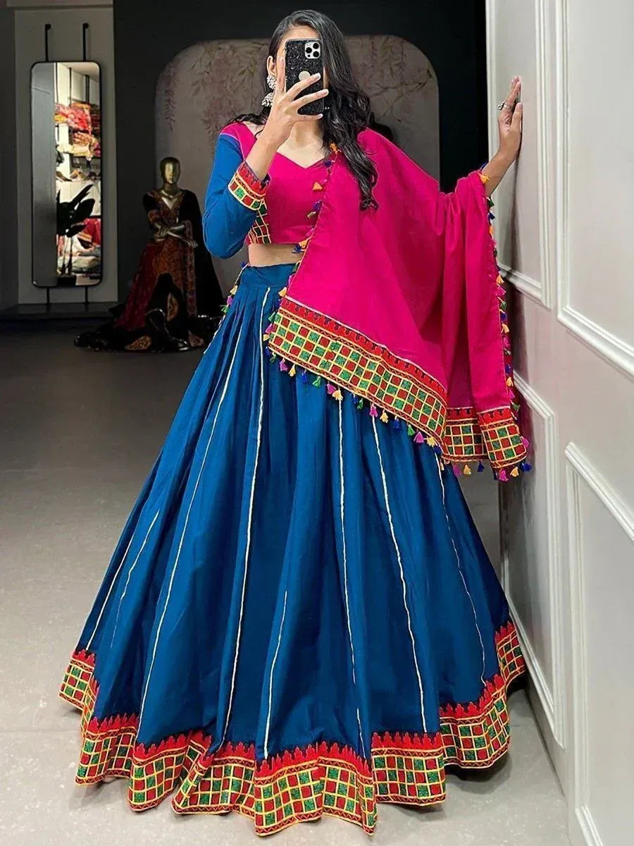 Blue and pink designer lehenga choli with embroidered dupatta, ethnic Indian wear for women