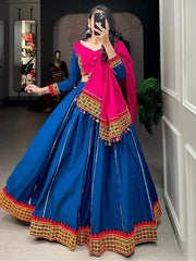 Amazing Blue Gamthi Work Cotton Navratri Lehenga Choli With Dupatta