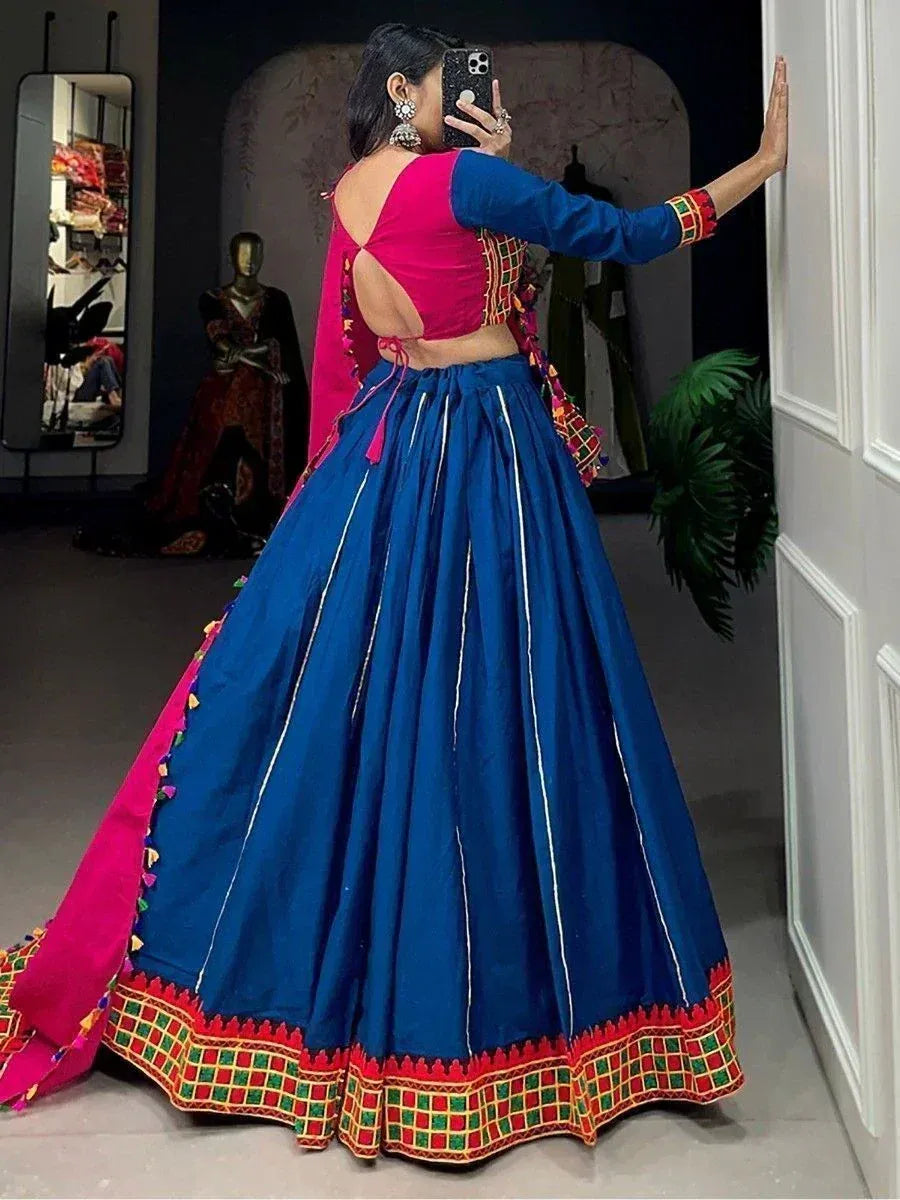 Blue and pink designer lehenga choli with embroidered border, back view