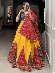 Fabulous Yellow Gamthi Work Cotton Navratri Wear Lehenga Choli