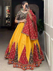 Fabulous Yellow Gamthi Work Cotton Navratri Wear Lehenga Choli