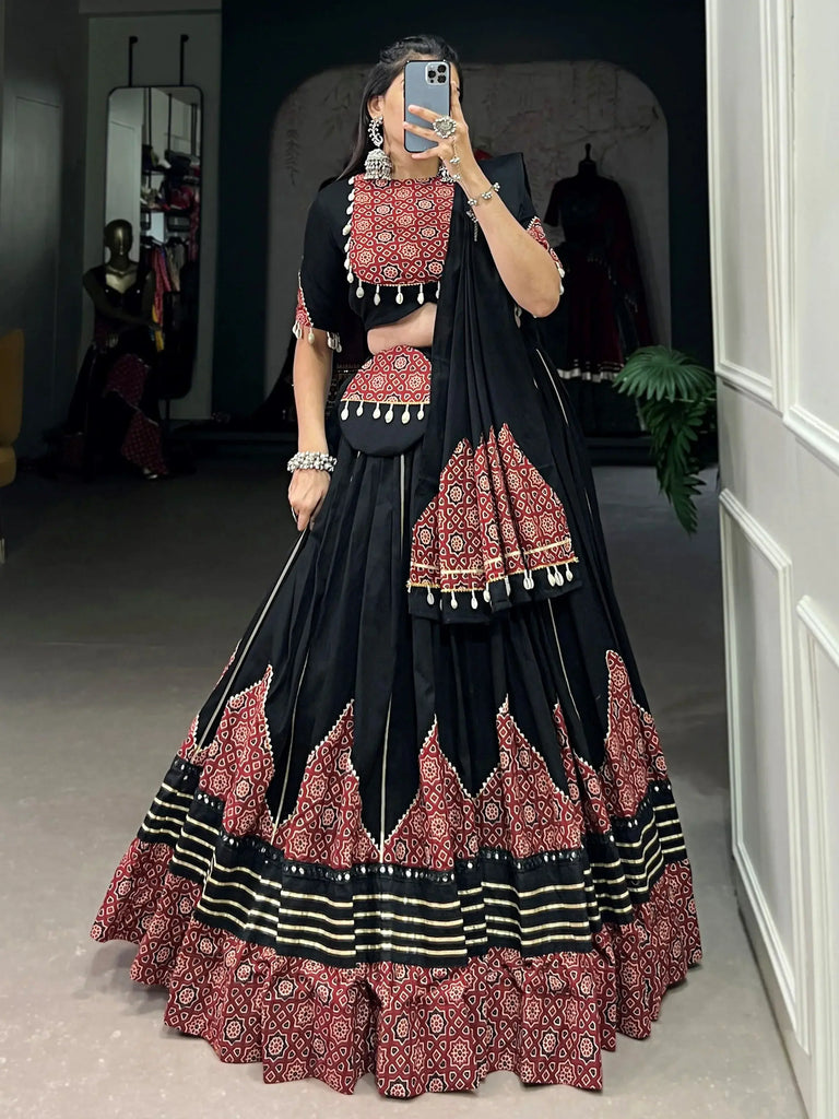 Lavish Black Rayon Printed Navratri Wear Lehenga Choli With Purse