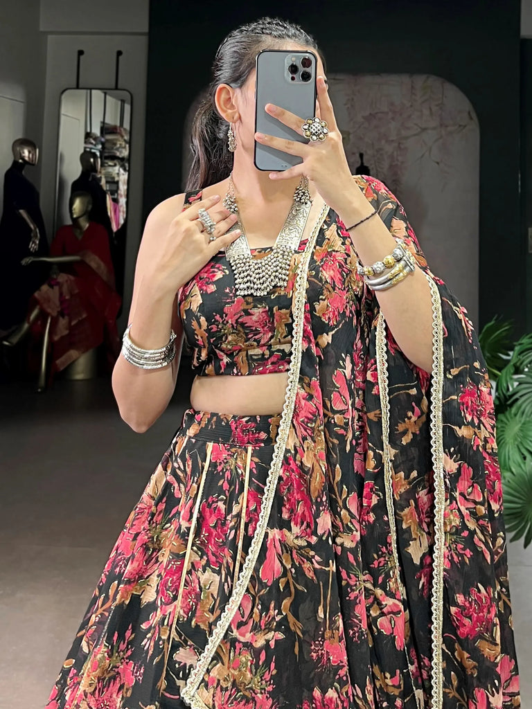 Precious Black Floral Printed Chiffon Wedding Wear Lehenga Choli