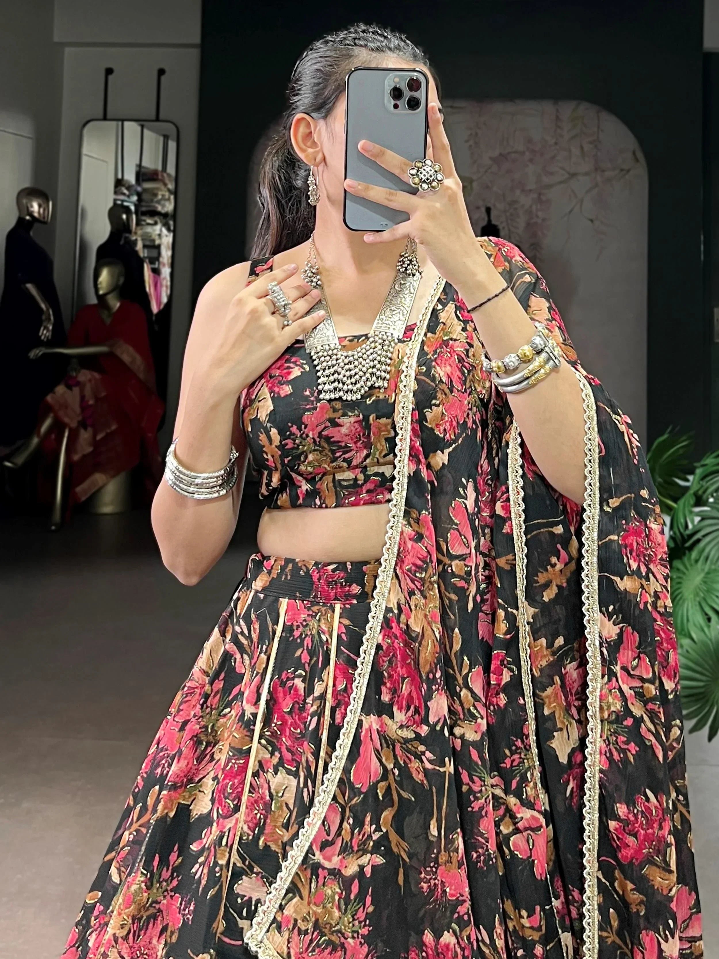 Precious Black Floral Printed Chiffon Wedding Wear Lehenga Choli