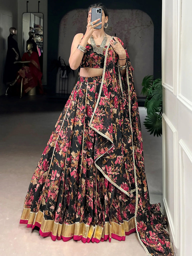Precious Black Floral Printed Chiffon Wedding Wear Lehenga Choli
