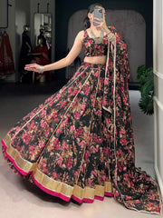 Precious Black Floral Printed Chiffon Wedding Wear Lehenga Choli