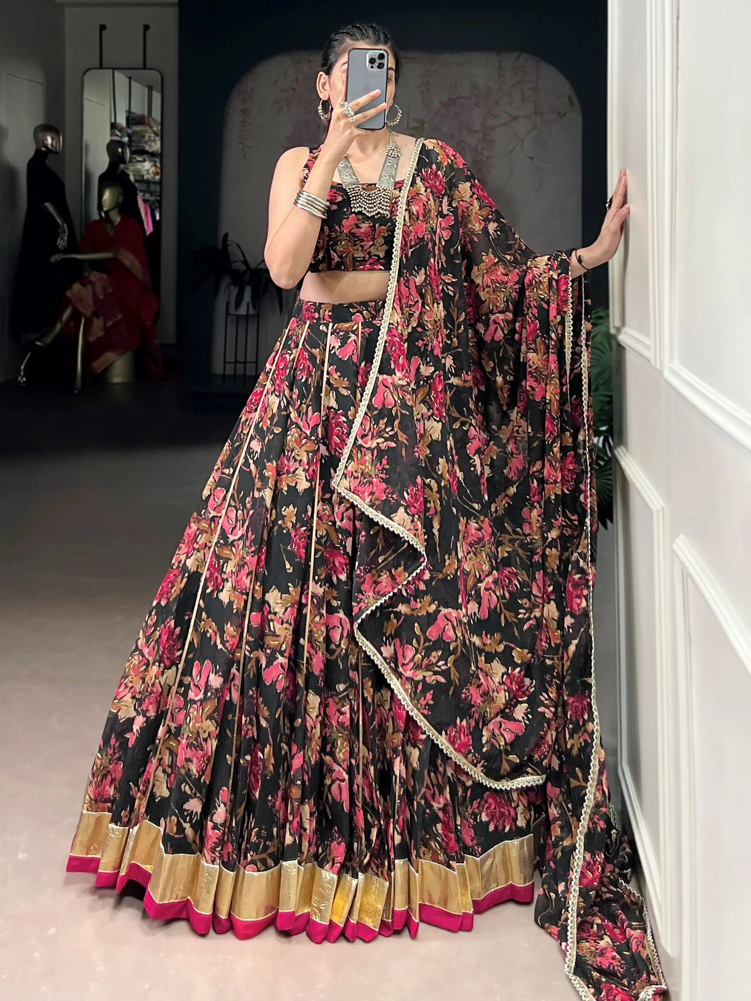 Precious Black Floral Printed Chiffon Wedding Wear Lehenga Choli