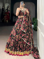 Precious Black Floral Printed Chiffon Wedding Wear Lehenga Choli