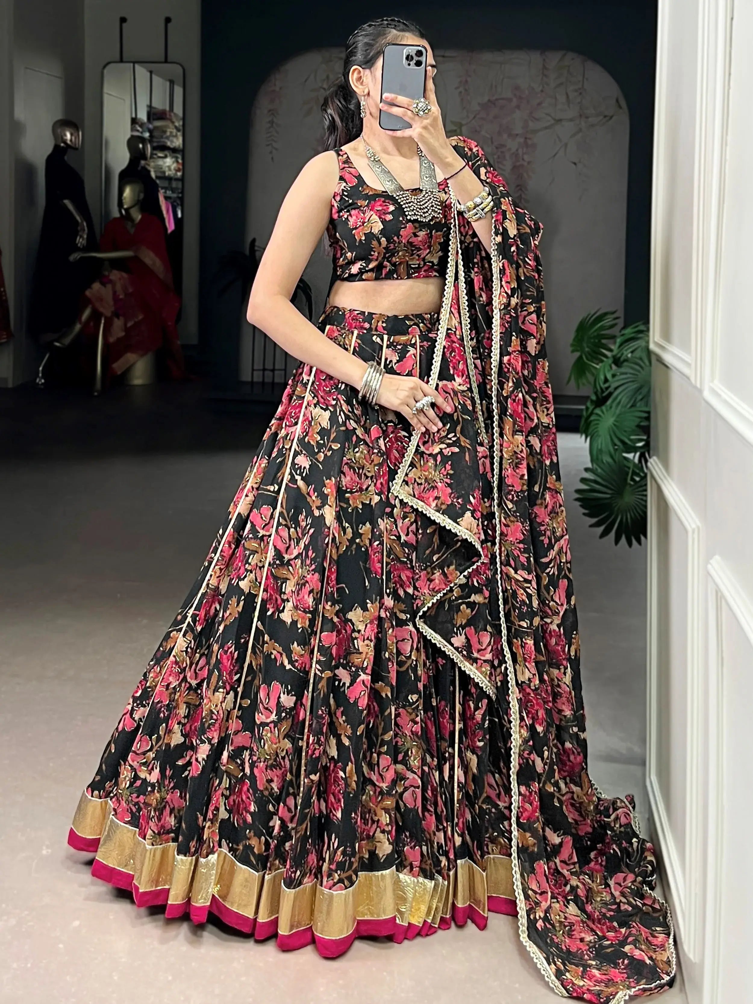 Precious Black Floral Printed Chiffon Wedding Wear Lehenga Choli