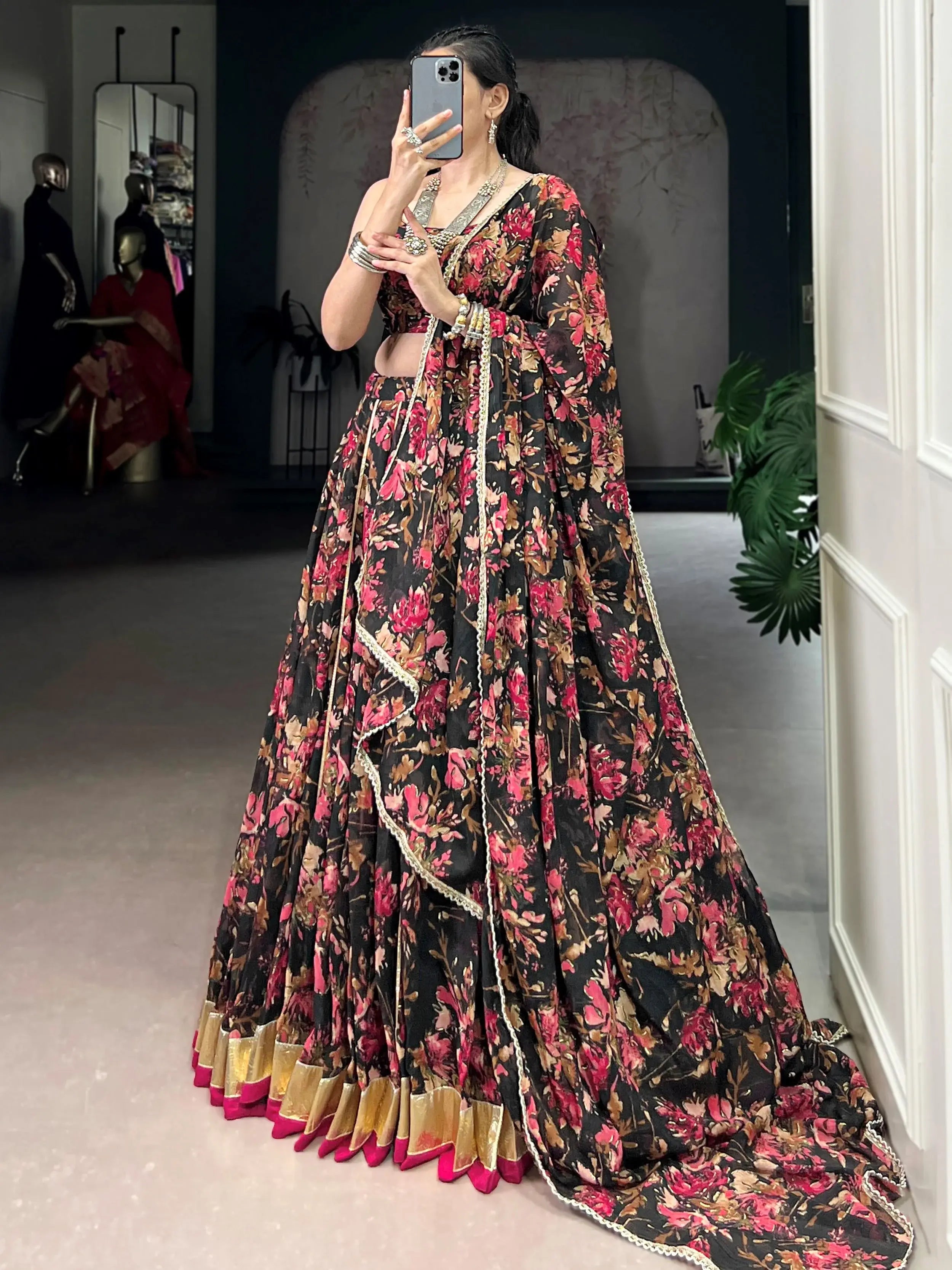 Precious Black Floral Printed Chiffon Wedding Wear Lehenga Choli