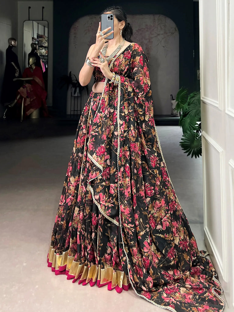 Precious Black Floral Printed Chiffon Wedding Wear Lehenga Choli