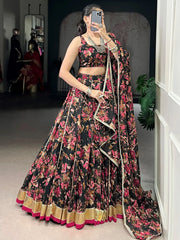 Precious Black Floral Printed Chiffon Wedding Wear Lehenga Choli