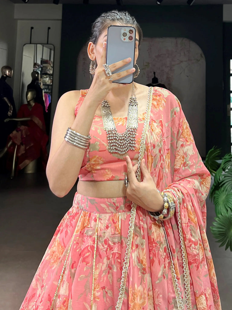 Alluring Peach Floral Printed Chiffon Festive Wear Lehenga Choli