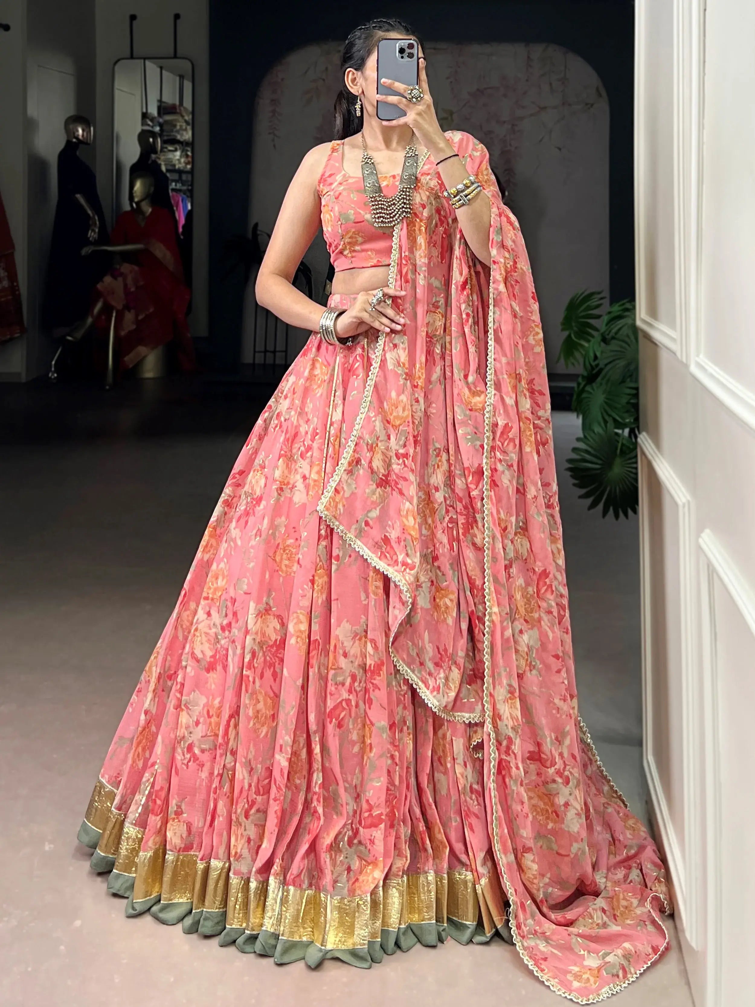 Alluring Peach Floral Printed Chiffon Festive Wear Lehenga Choli