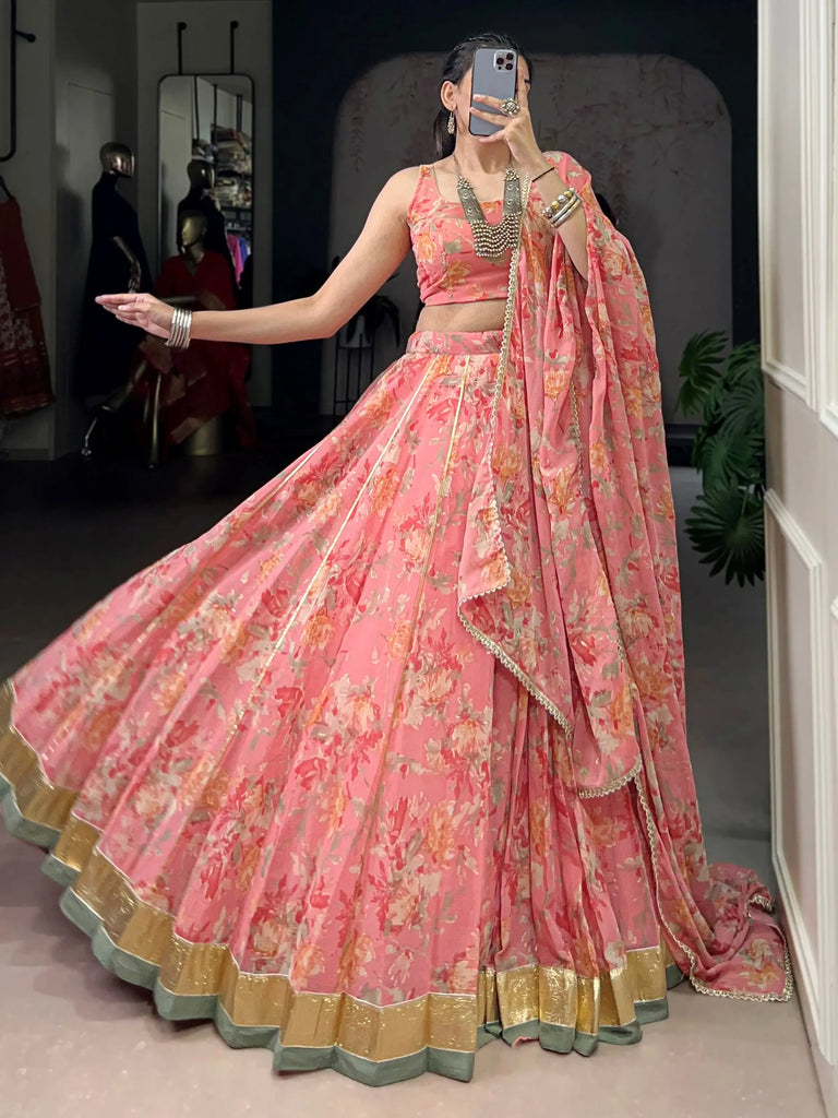 Alluring Peach Floral Printed Chiffon Festive Wear Lehenga Choli