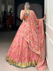Alluring Peach Floral Printed Chiffon Festive Wear Lehenga Choli
