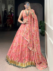 Alluring Peach Floral Printed Chiffon Festive Wear Lehenga Choli