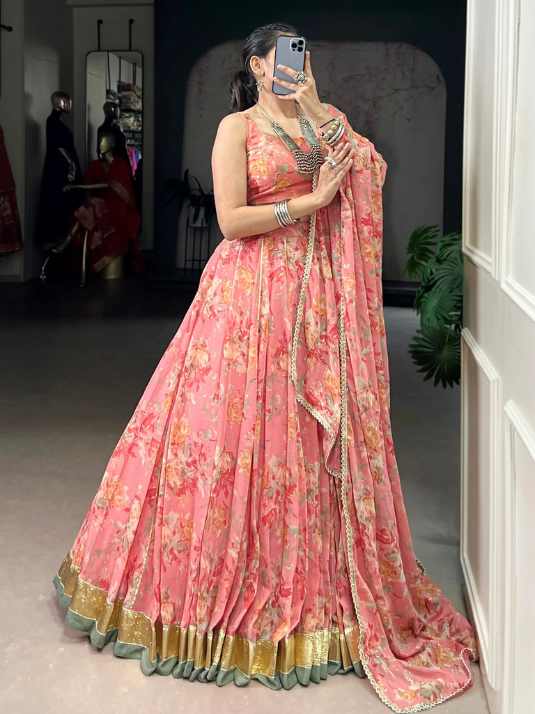 Alluring Peach Floral Printed Chiffon Festive Wear Lehenga Choli