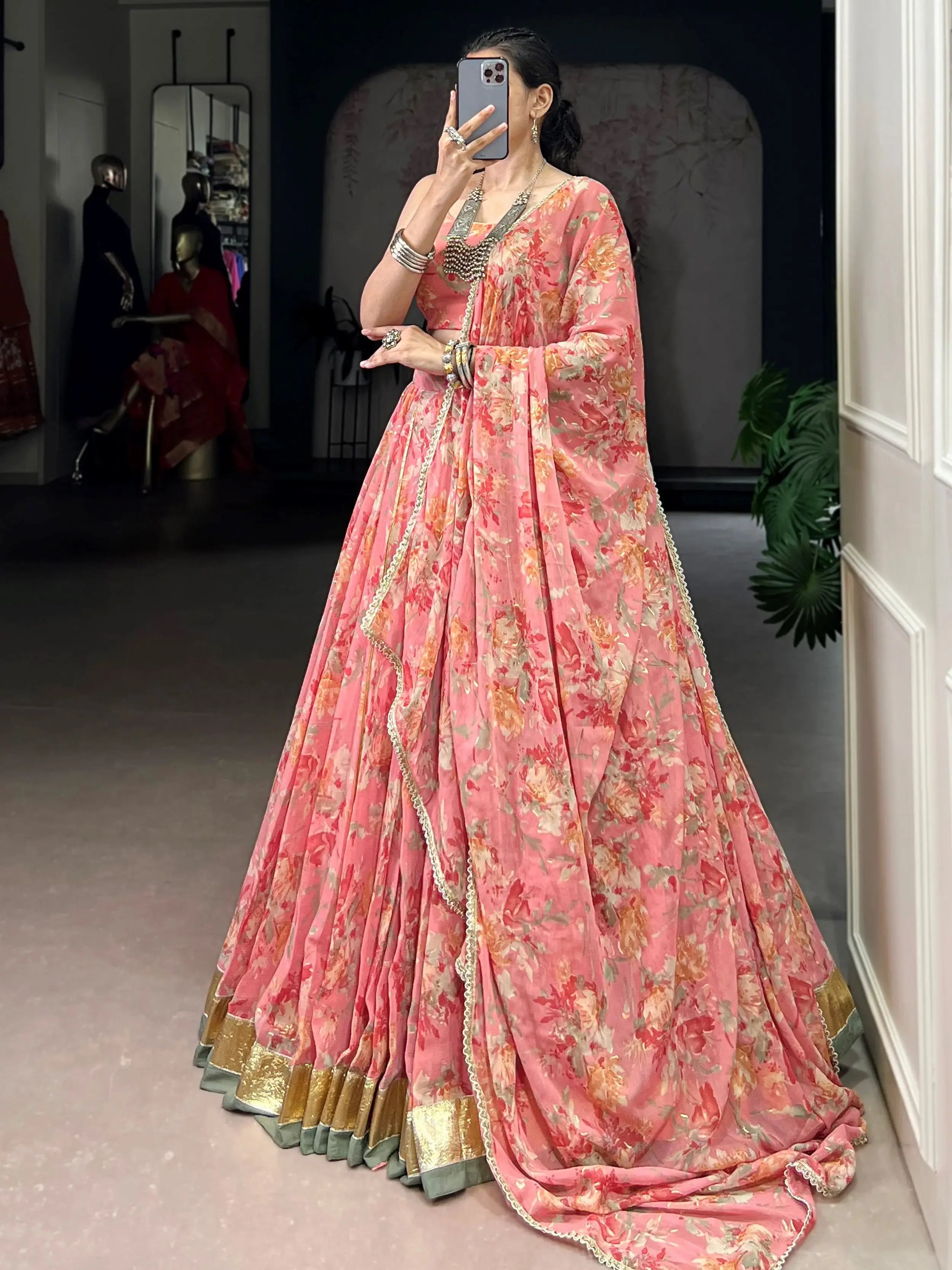Alluring Peach Floral Printed Chiffon Festive Wear Lehenga Choli