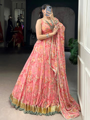 Alluring Peach Floral Printed Chiffon Festive Wear Lehenga Choli