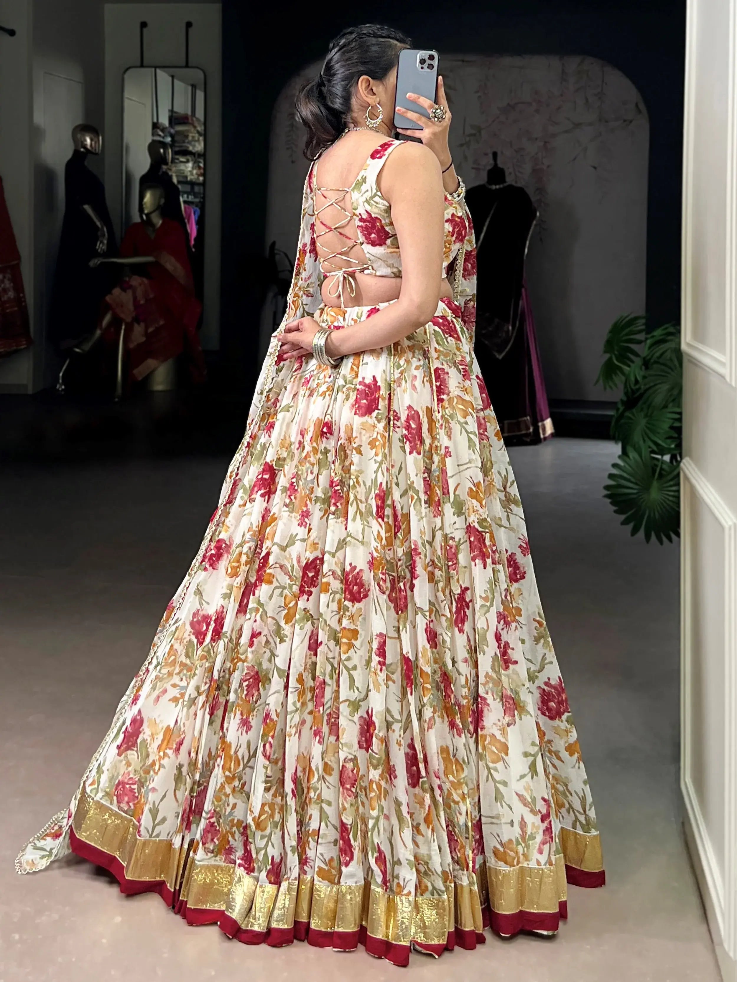 Enchanting Off-White Floral Printed Chiffon Festive Wear Lehenga Choli
