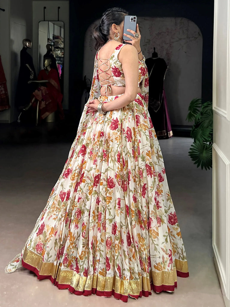 Enchanting Off-White Floral Printed Chiffon Festive Wear Lehenga Choli