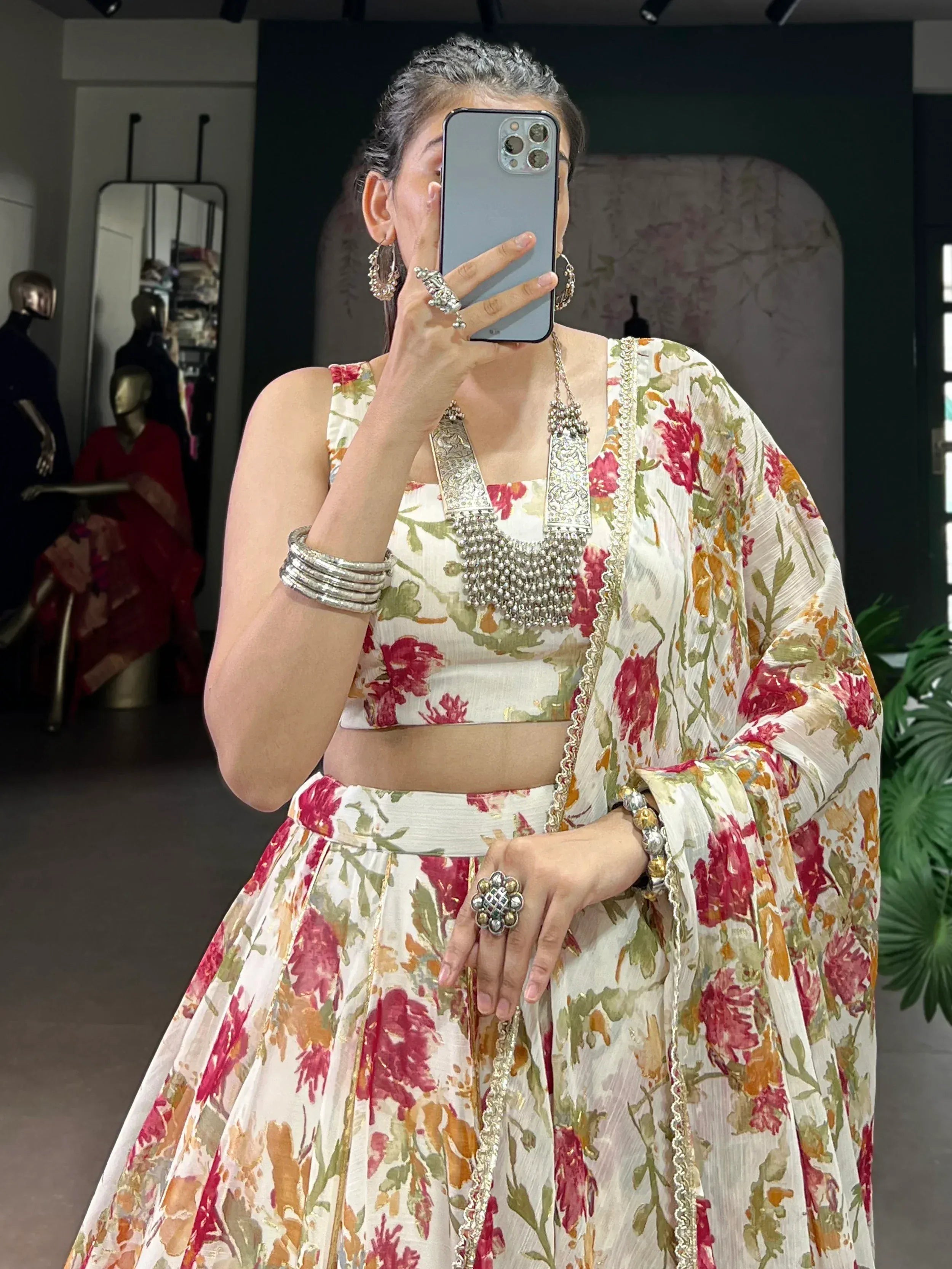 Enchanting Off-White Floral Printed Chiffon Festive Wear Lehenga Choli