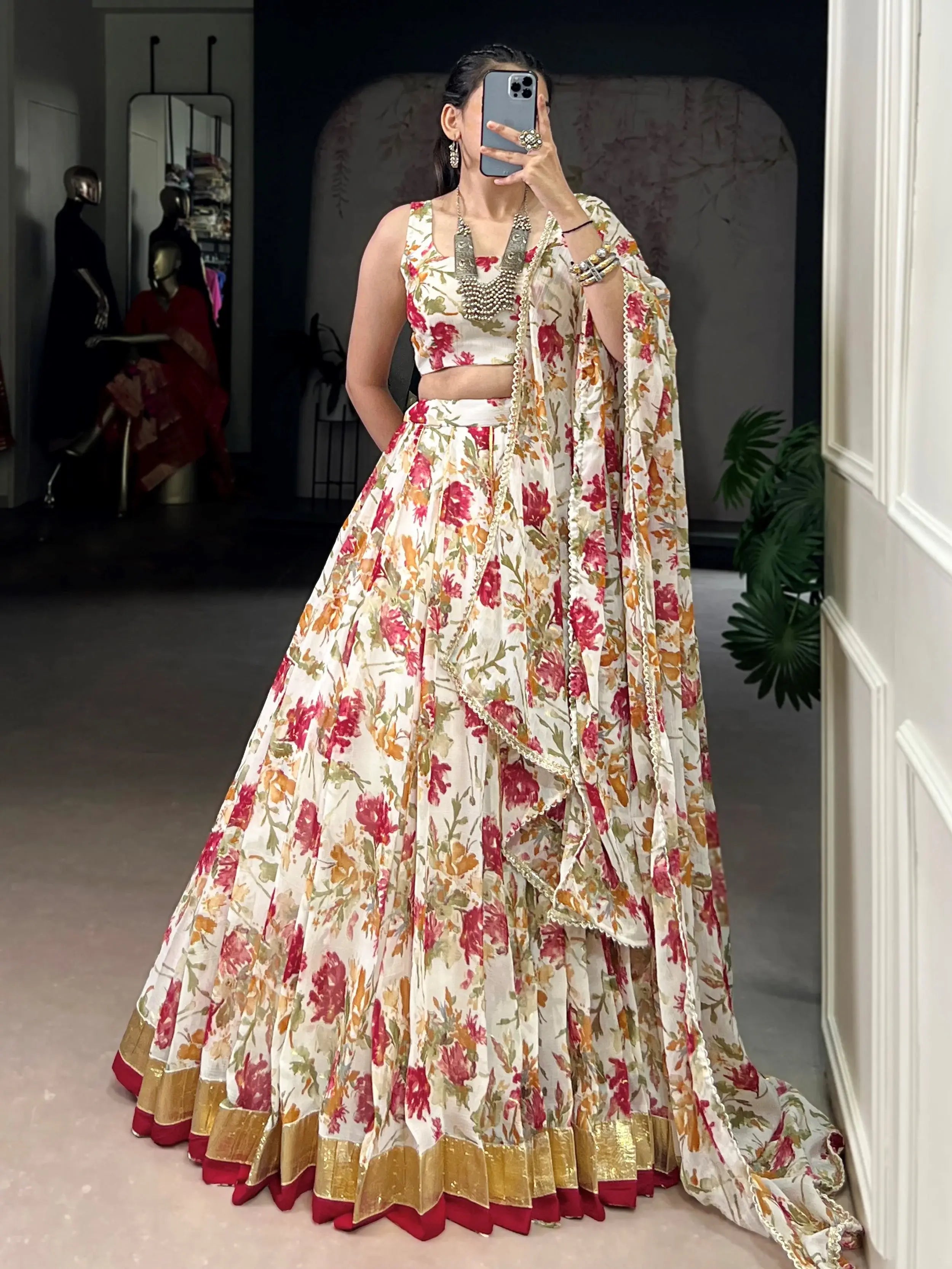 Enchanting Off-White Floral Printed Chiffon Festive Wear Lehenga Choli