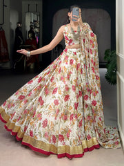 Enchanting Off-White Floral Printed Chiffon Festive Wear Lehenga Choli