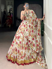 Enchanting Off-White Floral Printed Chiffon Festive Wear Lehenga Choli