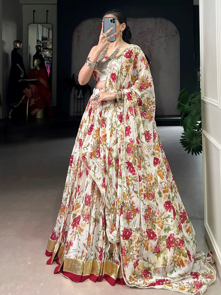Enchanting Off-White Floral Printed Chiffon Festive Wear Lehenga Choli
