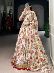 Enchanting Off-White Floral Printed Chiffon Festive Wear Lehenga Choli